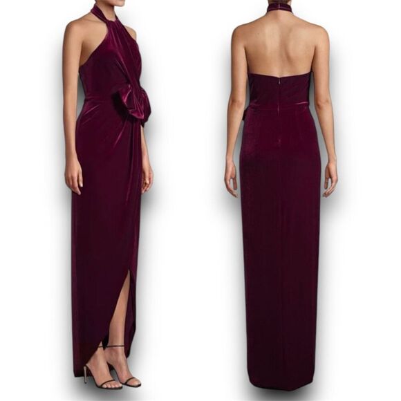 Black Halo, Estelle Smashing Berry High-Low Velvet Halter Bow Gown, Women’s 4 - Picture 2 of 15